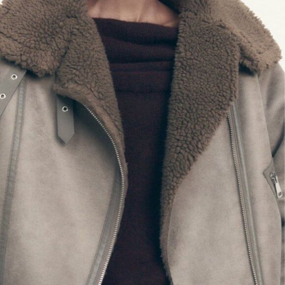 ZARA NEW WOMEN FAUX LEATHER SHEARLING DOUBLE-FACED BIKER JACKET GRAY 3548/243 - Picture 10 of 15